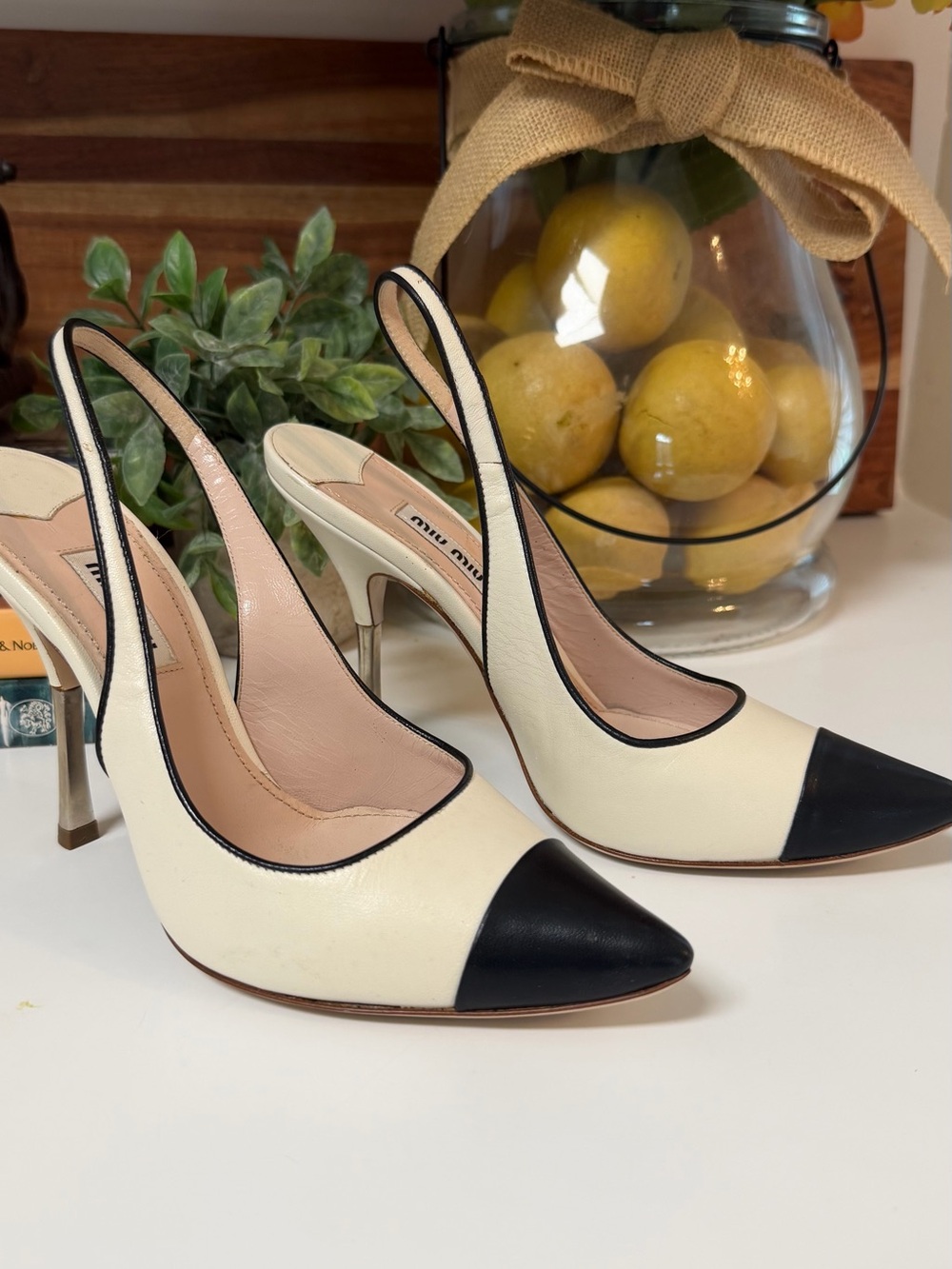 Miu Miu Two-Tone Cream and Black Leather Pointed Slingback Heels, New, Gorgeous!